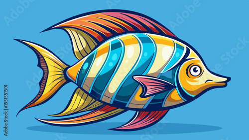 A hand-drawn style illustration of a tropical fish, its body curved in a graceful arc as if it's turning underwater. The pose suggests fluid movement and natural elegance. The style is clean, vibrant,