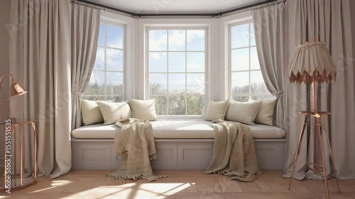 Cozy reading nook by a large window, soft cushions, warm lighting from a vintage lamp, and slow-moving curtain in breeze.