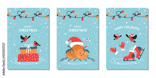 Set of winter greeting cards. Fashionable minimalist design with skates, gifts, tangerines, birds, and inscriptions. Vector template for a poster, banner, or holiday cover.