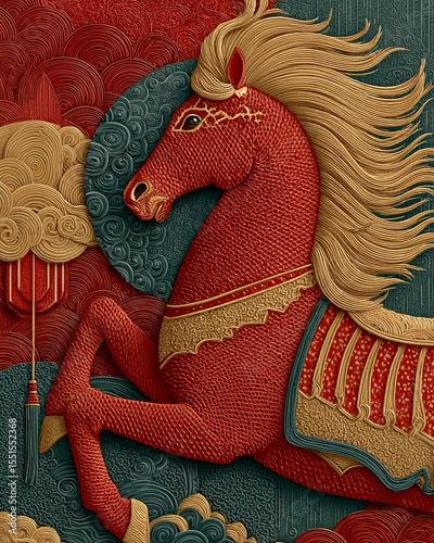 A black horse on a red background. Chinese New Year.