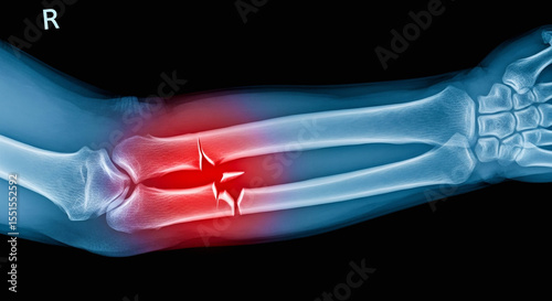 Xray image shows a fractured arm bone with a visible break