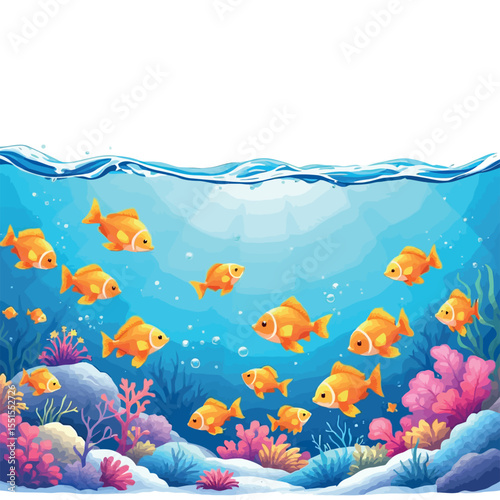 Vsai goldfish swimming in the ocean with coral reef and seaweed