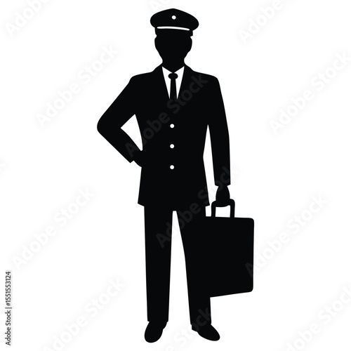 Silhouette of a Doorman with Cap and Suitcase on White Background