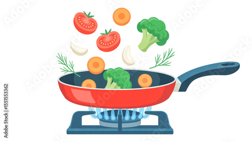 A digital illustration of a red non-stick frying pan on a blue gas stove burner.