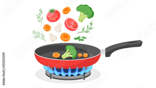 A digital illustration of a red non-stick frying pan on a blue gas stove burner.
