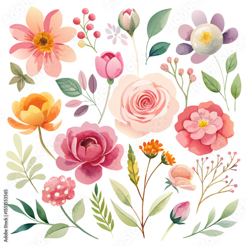 Soft watercolor floral illustration collection – individual botanical elements in pastel for romantic wedding invites, greeting card sets, and art prints