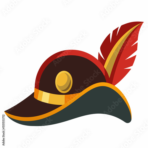Stylish pirate hat with feather on white background – classic vector illustration for themed graphics, costume artwork, pirate games, and decorative printables