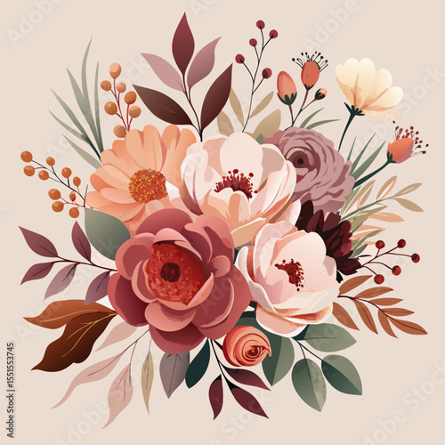 Soft beige watercolor floral bouquet with gentle botanical elements – romantic vintage vector ideal for wedding stationery, branding, and feminine designs