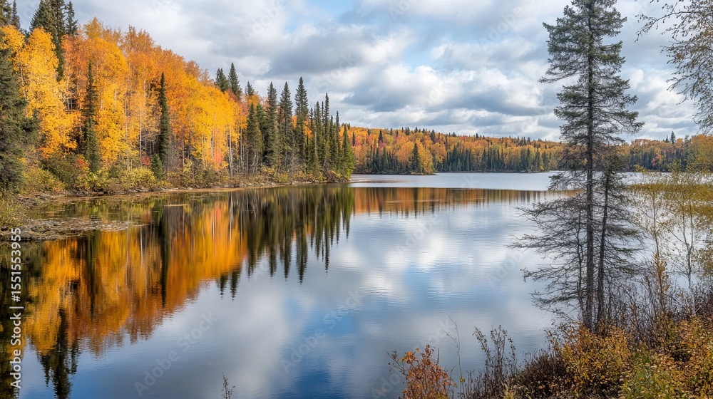 Obraz premium Serene autumn lake reflecting vibrant fall foliage and cloudy sky. Tranquil waters mirror the colorful trees