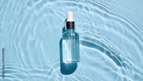 Serene Elixir of Beauty: An elegant, transparent bottle with a dropper rests gracefully in rippling, pure water, conveying a sense of rejuvenation and serene hydration.