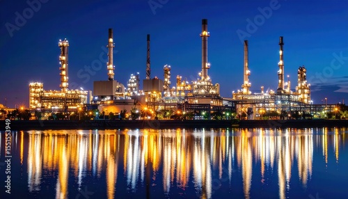 Nighttime Industrial Silhouette: An awe-inspiring industrial silhouette is beautifully illuminated at night. The image captures a majestic refinery along the coastline.