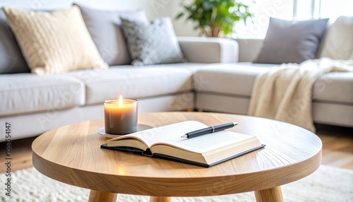 Cozy Living Room Still Life: A warm and inviting living space is captured through the eye of a camera, featuring a stylish coffee table adorned with an open book, a pen.