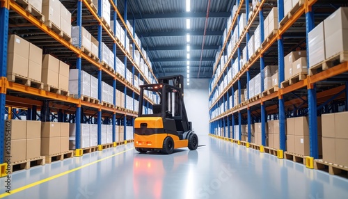 Warehouse Logistics: A modern forklift navigates between towering shelves packed with cardboard boxes in a large warehouse, illustrating efficient logistics and supply chain management.