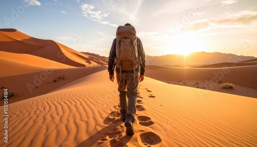 Desert Wanderer: A lone traveler with a backpack embarks on a sun-kissed journey across the vast desert dunes, leaving footprints in the sand, embodying a spirit of adventure and exploration.