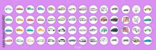 Urban vehicle icons set - flat style featuring cars, taxi, police, bus, and electric car. Vector icons