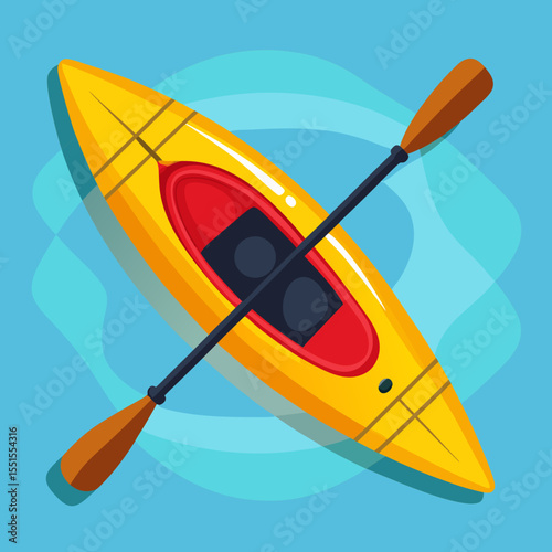 Flat yellow kayak vector with paddle – top view cartoon illustration for outdoor recreation, water sports, lake trip icons, and summer nature activity sticker sets.