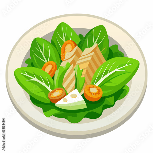 Fresh Caesar salad vector illustration – colorful cartoon sticker of lettuce, croutons, parmesan cheese on plate. Ideal for food, diet, kitchen, and restaurant themes.