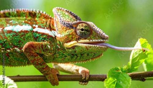 Chameleon on Branch: Close-up of a chameleon, its textured skin vibrant and detailed, as it extends its long, sticky tongue to grasp a leaf.