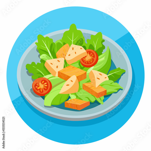 Cartoon Caesar salad vector – fresh bowl of greens, cheese, croutons. Designed for food sticker packs, healthy eating, restaurant graphics, and kitchen decor themes.
