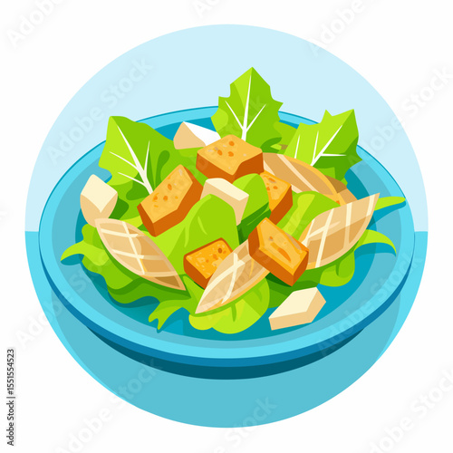 Flat design Caesar salad vector – cartoon bowl of healthy ingredients like lettuce, croutons, cheese. Ideal for food, menu, diet, and healthy eating sticker themes.