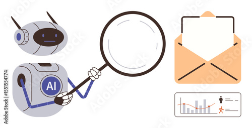 AI robot holding magnifying glass examining envelope and chart with data trend and user icons. Ideal for artificial intelligence, data analysis, digital trends, research, communication, automation