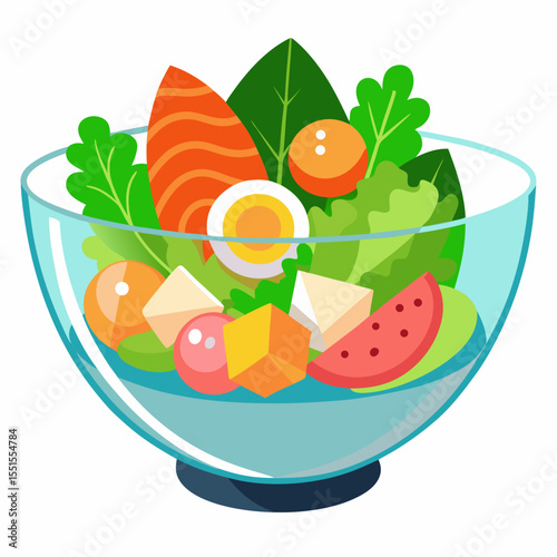 Healthy fruit salad in transparent bowl – colorful food vector ideal for diet icons, recipe visuals, kitchen decor, and clean eating promotions