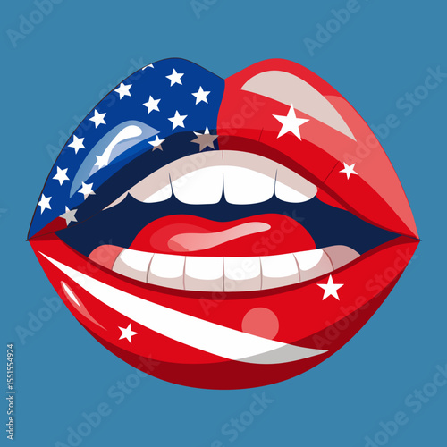 Modern vector lips illustration – glossy red lipstick with smiling mouth, suitable for pop art, fashion prints, beauty stickers and visual branding