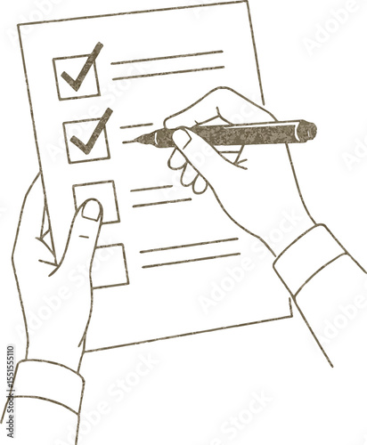 Create a kinds of deferent close up of hands marking checklist vector art with white background.