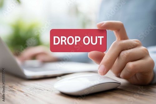 Mouse Cursor Hovering Over “Drop Out” Button, Digital Decision Moment, Online Education Challenge, Student Burnout Concept, E-Learning User Interface, Academic Pressure Visual
