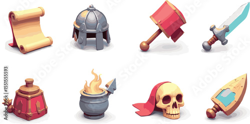 Create a kinds of Gaming 3D medieval icons, Cartoon set for online games, apps. Gift UI, GUI for Mobile App. Ancient scroll, helmet, sword, potion, flag, sword, staff, skull  more,3D GUI vector art.