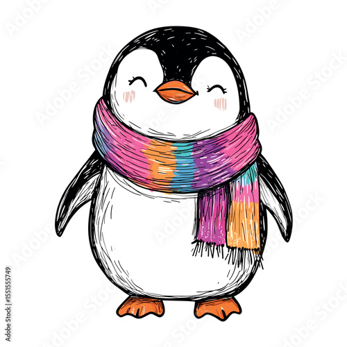 cute little penguin with cozy colorful winter scarf isolated vector illustration