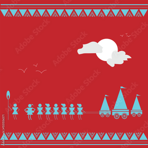 Warli Folk Tribal Art for Odisha or Maharashtra Tribal Stick Figures on the Theme of Ratha Yatra Puri Jagannath Indian tradition tribal art vector