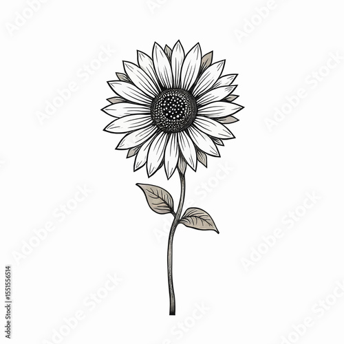 Hand-drawn sunflower illustration with detailed petals and stem  