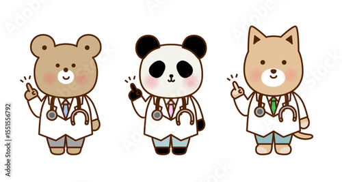 指差しした動物のお医者さんキャラクターセット｜くま・パンダ・犬の可愛い医療イラスト