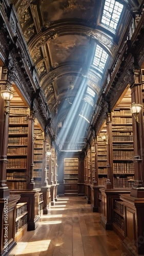 An old-fashioned library with towering bookshelves, neatly arranged books, dust particles drifting in the golden rays of sunlight filtering through tall windows.