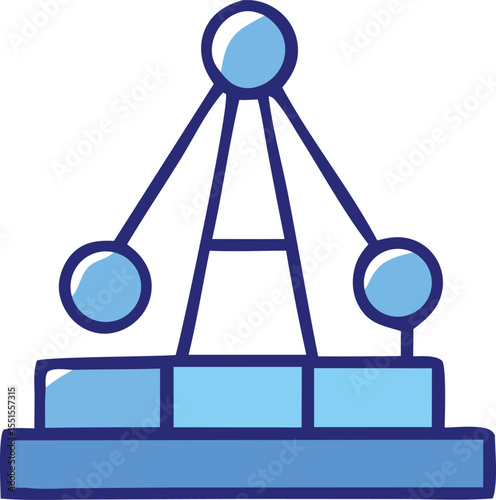 Abstract geometric representation of a pendulum or kinetic sculpture with blue spheres and lines on a white background