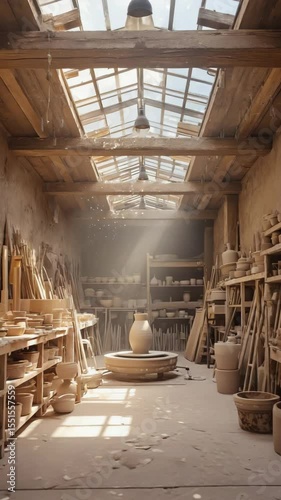 Ceramic workshop interior, tools on racks, pottery wheel at rest, dust particles dancing in sunbeams from a skylight.