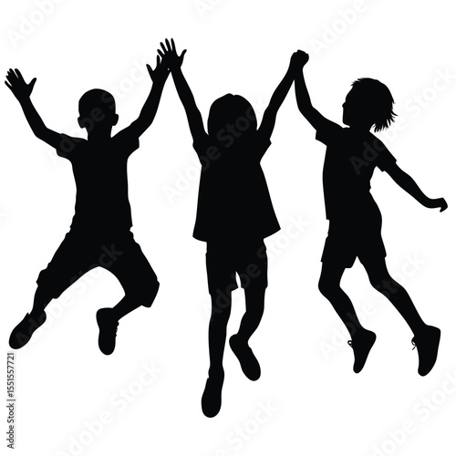Silhouette of Three Children Jumping with Hands Up in Celebration Against Plain Background
