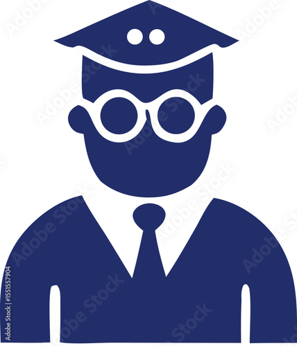 Stylized blue silhouette of a graduate wearing a cap and gown with glasses representing academic achievement and knowledge