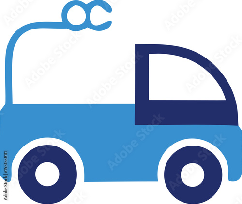 Stylized blue and dark blue cartoon ambulance with a siren on top isolated on a white background