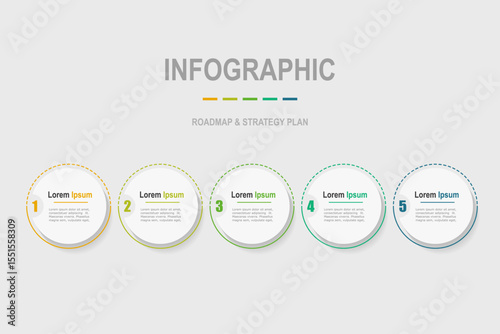 For business concept with 5 steps infographics,  circle shape with multicolor label, design for workflow layout, diagram, annual report, web design. vector illustration