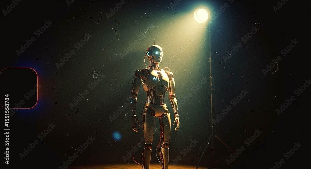 Fototapeta premium Humanoid Robot Walking into Spotlight in Dark Warehouse Setting. Cinematic AI Discovery, Advanced Robotics, and Futuristic Concept.