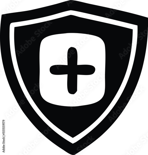 A black and white shield emblem featuring a rounded square with a bold plus symbol inside representing protection or addition