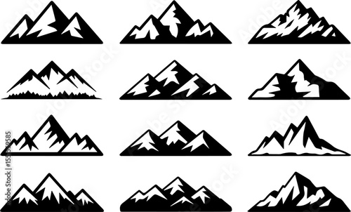 Set of Mountain chain snowy peaks outline vector illustration, line art

