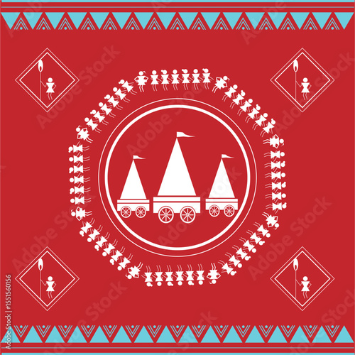 Warli Folk Tribal Art for Odisha or Maharashtra Tribal Stick Figures on the Theme of Ratha Yatra Puri Jagannath Indian tradition tribal art vector
