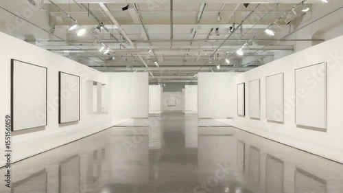 Contemporary art gallery, white walls, spotlights illuminating blank canvases, clean minimalist design.