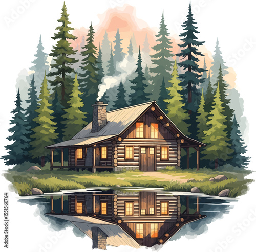 Rustic Log Cabin in Forest - Tranquil Watercolor Landscape