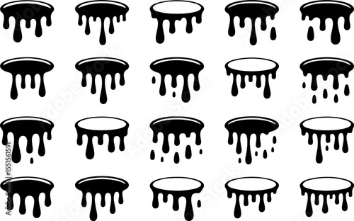 Black dripping ink, floating oil blots vector  illustration set