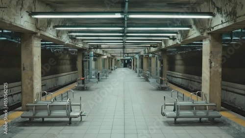 An empty underground platform with tiled flooring, modern benches, and evenly spaced fluorescent lights emitting a faint buzz in the quiet station atmosphere.