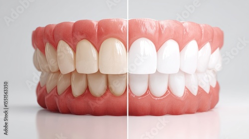 Half of a dental model shows discolored teeth on one side and bright white teeth on the other side.